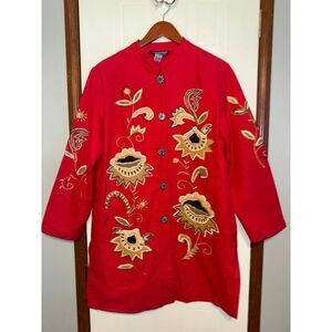 Indigo Moon Red Red Black Gold Embroidered Applique Flowers Coat Size Med